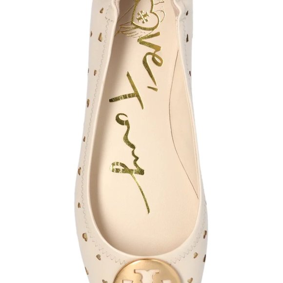 TORY BURCH MINNIE HEART CUTOUT LEATHER BALLET FLATS SZ 6.5 CREAM GOLD - Picture 9 of 10